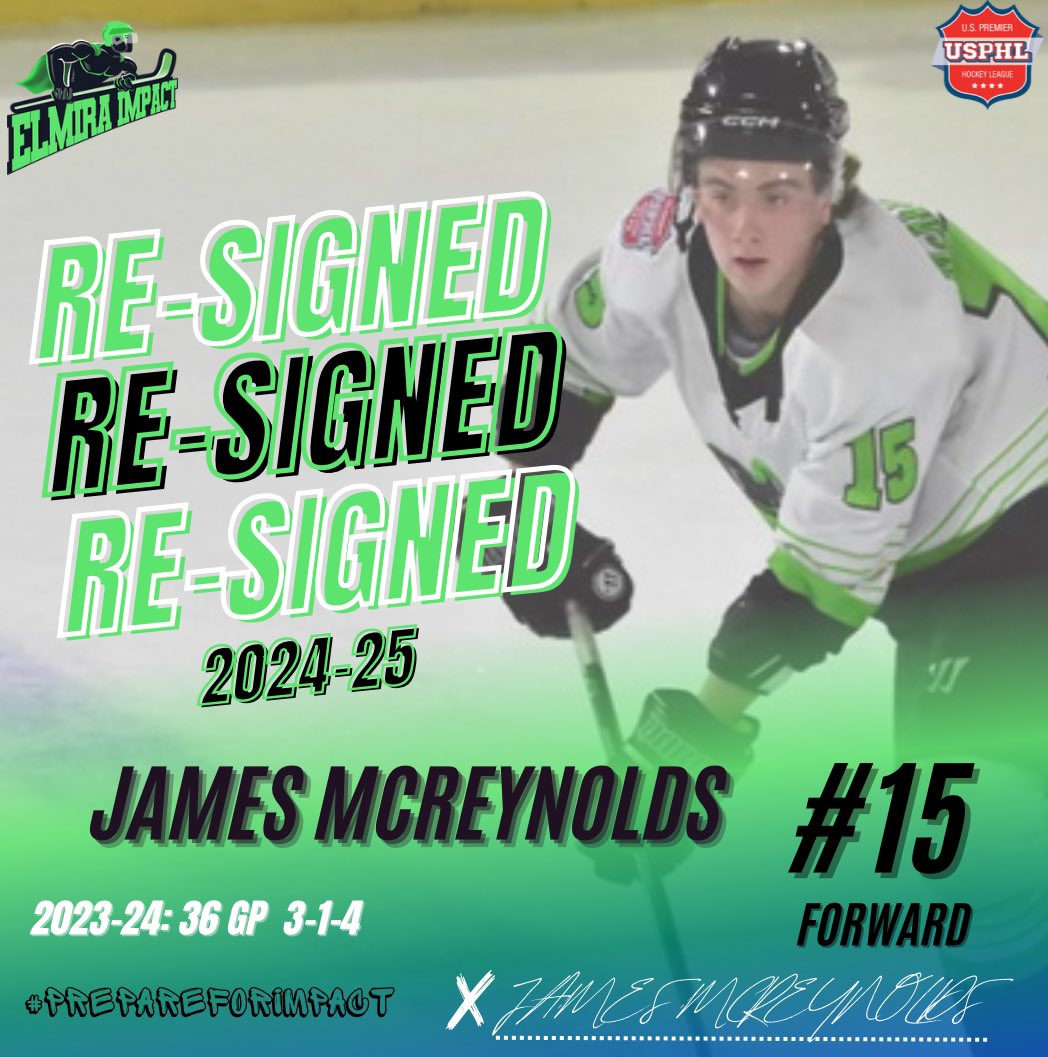 Welcome back, James‼️✅ We are so happy to announce the re-signing of forward James McReynolds! We can’t wait to see the next step in his development entering his second year at the junior level! #PrepareForImpact💥💚 @USPHL