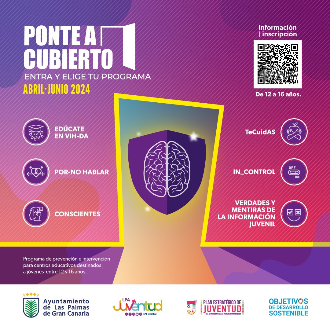 LPAJuventud's tweet photo. ✌️PONTE A CUBIERTO vuelve con más fuerza que nunca. 

Si tienes entre 12 y 16 años, prepárate para un programa con talleres chulísimos y actividades que que lo van a petar en tu cole🎓. 

@AcesAmigos 
@Yrichen1 
POR-NO hablar
@GullLasegue
Fundación Canaria Forja

#LPAJuventud https://t.co/4nsYqRmYtP