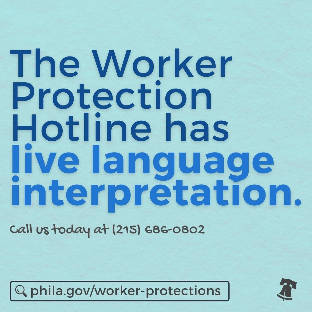 LaborPHL's tweet photo. You can call the Worker Protection Hotline and speak to a member of our team with an interpreter in whatever language you’re most comfortable in.

Call us today at (215) 686-0802 https://t.co/zJoLer3Fuc