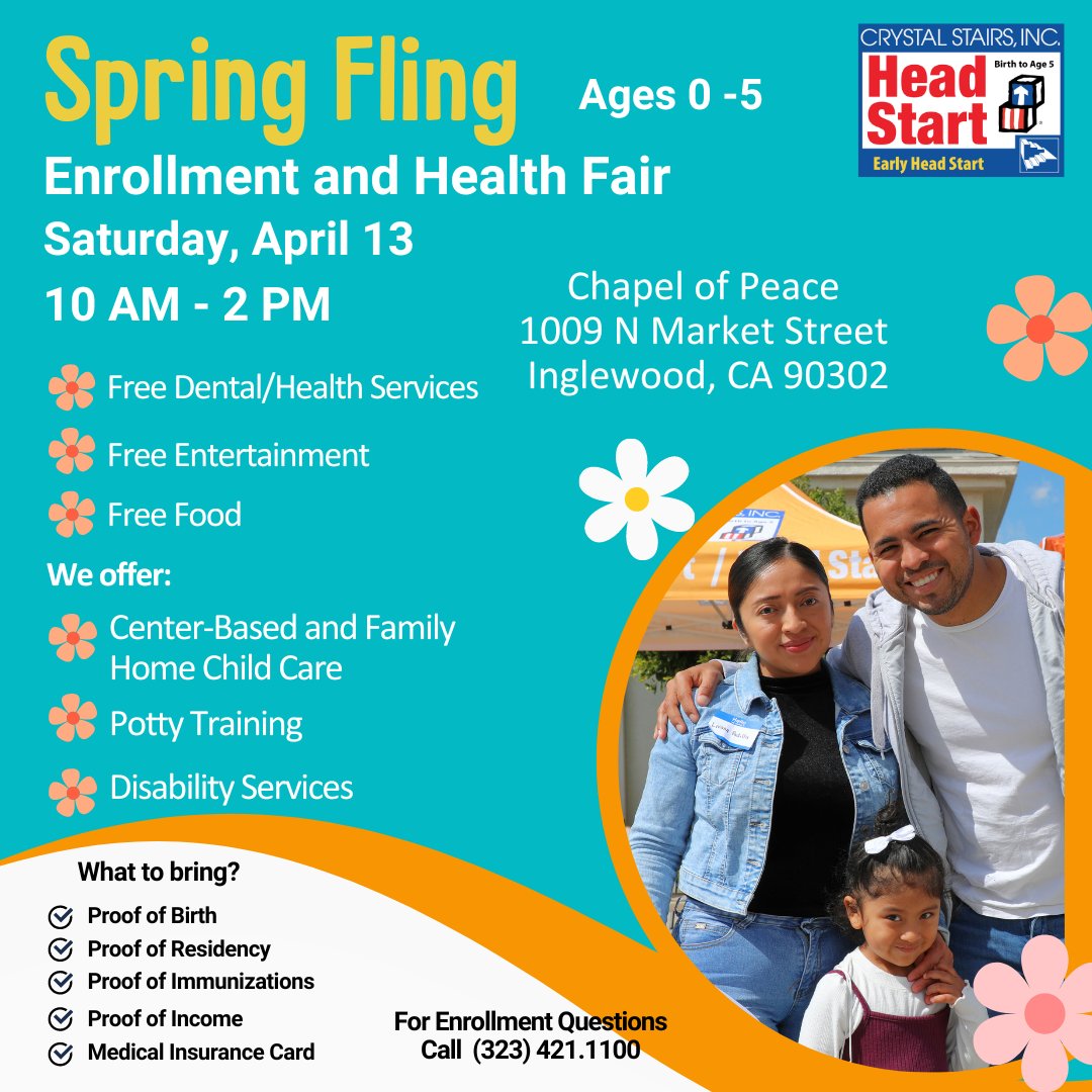 Crystal Stairs will host an Enrollment/Health Fair for ages 0-5!
Saturday, April 13th 10am-2pm at Chapel of Peace in Inglewood
We will offer childcare, free food and more!
Register today!
forms.gle/w4ahMQ34Tw7TkB…