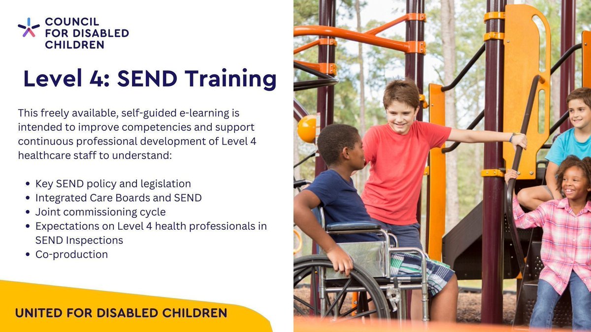 Sign up to our new Level 4: SEND Training. This course is aimed at SEND health professionals. Modules covered: Key #SEND policy & legislation, Integrated Care Boards & SEND, joint commissioning cycle, expectations in SEND Inspections, Co-production. buff.ly/3wV7ttg #SEND