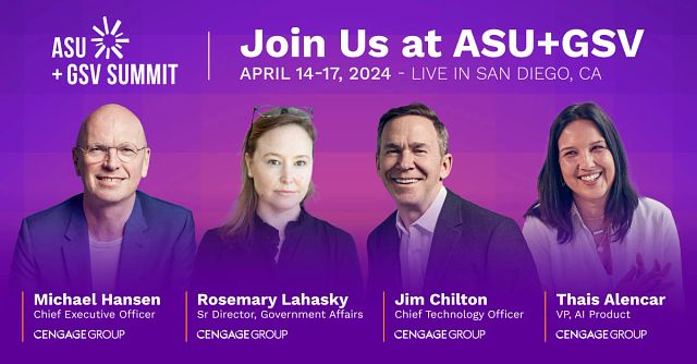 Several Cengage leaders will take the stage at this year's @asugsvsummit to discuss topics including GenAI, delivery education at scale and the 2024 election's impact on education + workforce. Learn more about the panels here: bit.ly/49uhvPz #asugsvsummit