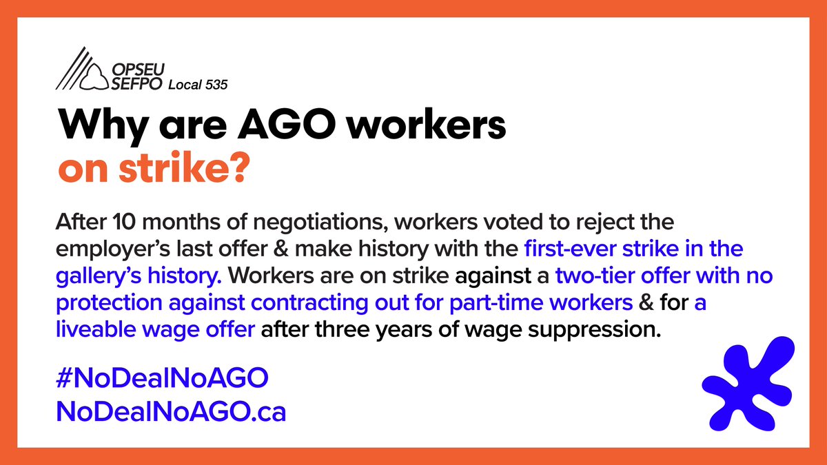 Workers at the @agotoronto are making history on the second week of the first-ever strike at the Art Gallery of Ontario - with still no word from the gallery. Let’s break down what’s at stake and how to donate to workers on the line. 🧵#NoDealNoAGO