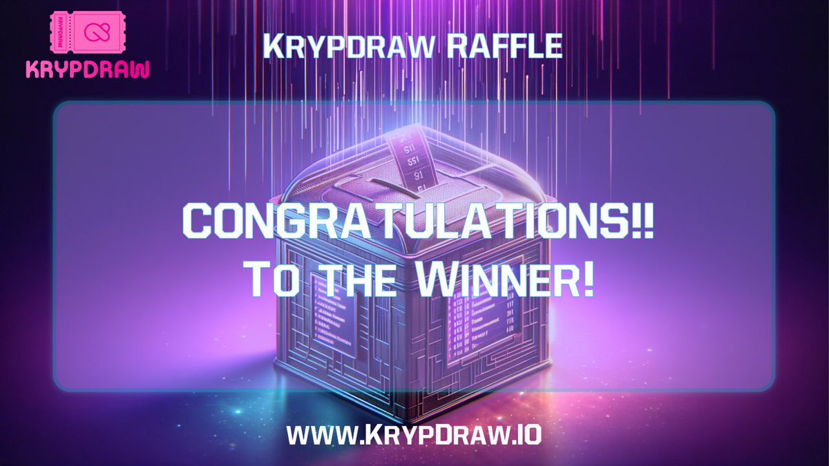 🏆 Congratulations to the $DRAW raffle winner!

🎟️ Winner has been announced on our website.
raffle.krypdraw.io
Prize: 500 $DRAW tokens

Make sure to follow us on twitter to stay updated with all the daily raffle draws and win big prizes!
#Krypdraw #raffle