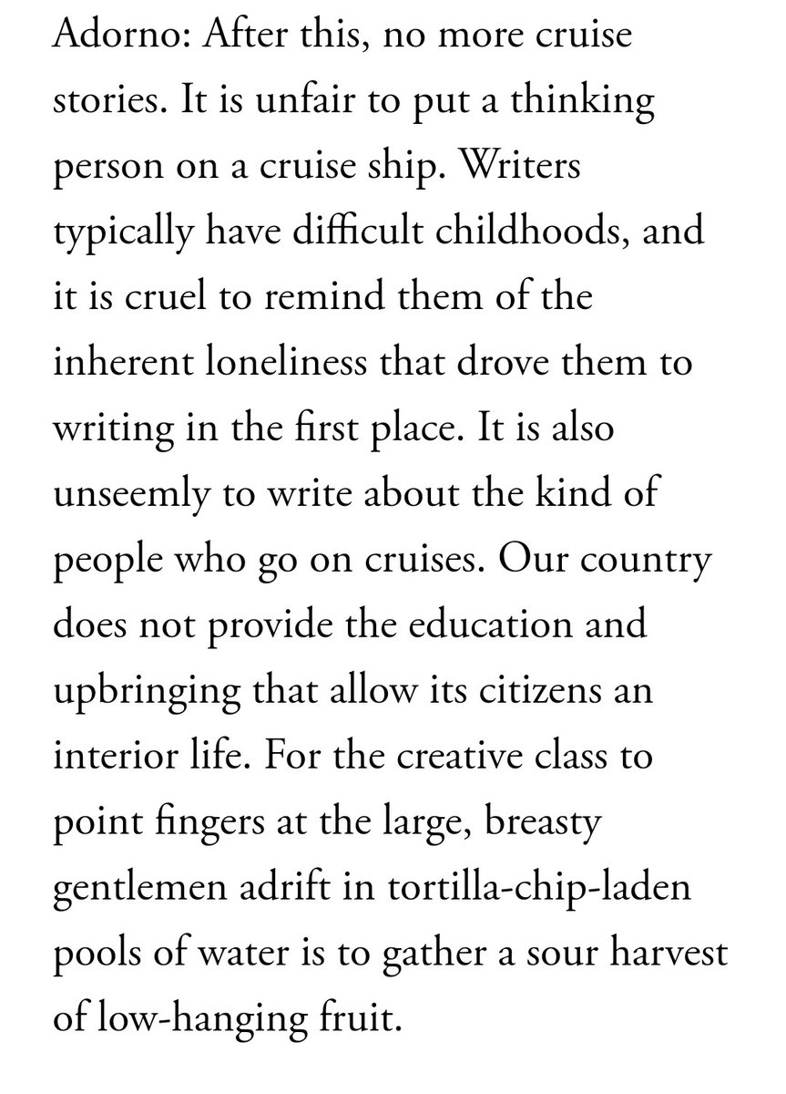 Happily devoured @Shteyngart's account of a week on the massive boat, which echoes Foster Wallace's observation about cruises being 'unbearably sad' without feeling derivative. Particularly love his elegant treatment of the question: 'who is it for!?' The answer: not writers.