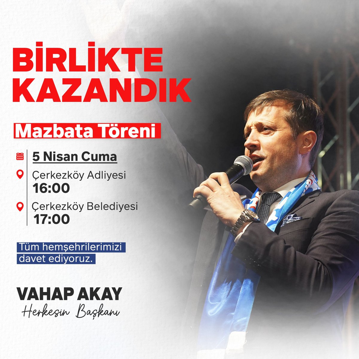 Çerkezköy’deki tüm hemşehrilerimiz adına yarın mazbatamızı alıyoruz. Yarın 16.00’da Çerkezköy Adliyesi’nde; 17.00’de Belediye Hizmet Binamız önünde buluşuyoruz. #ÇerkezköyKazandı ❤️