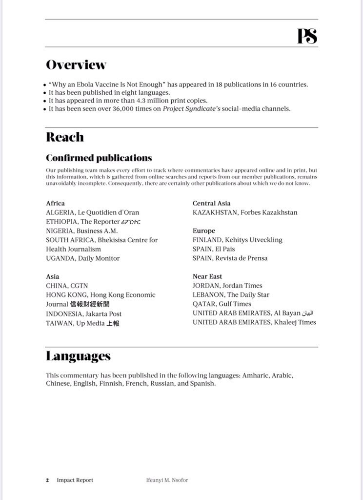 Ifeanyi Nsofor (@ekemma) on Twitter photo Why am I a thought leader?
As at 2019, my opinion piece for Project Syndicate <a href="/ProSyn/">Project Syndicate</a> “Why an Ebola Vaccine is Not Enough”:
✅appeared in more than 4.3 million print copies
✅appeared in 18 publications in 16 countries
✅been published in 8 languages
✅been seen over 36,000 Why am I a thought leader?
As at 2019, my opinion piece for Project Syndicate <a href="/ProSyn/">Project Syndicate</a> “Why an Ebola Vaccine is Not Enough”:
✅appeared in more than 4.3 million print copies
✅appeared in 18 publications in 16 countries
✅been published in 8 languages
✅been seen over 36,000