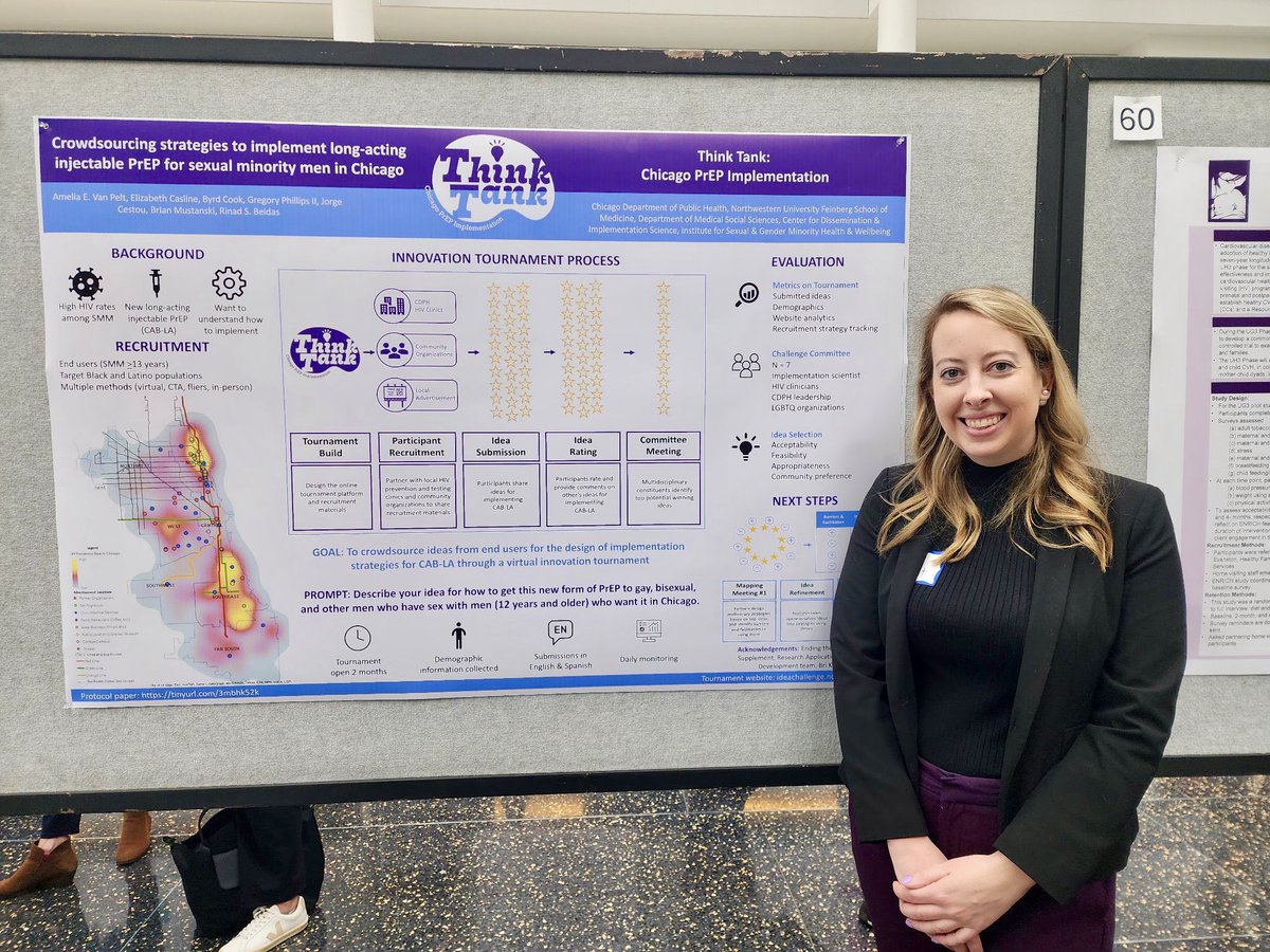 AmeliaVanPelt's tweet image. Fun day sharing our team’s methods for an innovation tournament crowdsourcing ideas for injectable PrEP implementation among SMM in Chicago at the @nu_ipham Population Health Forum! #impsci #hiv