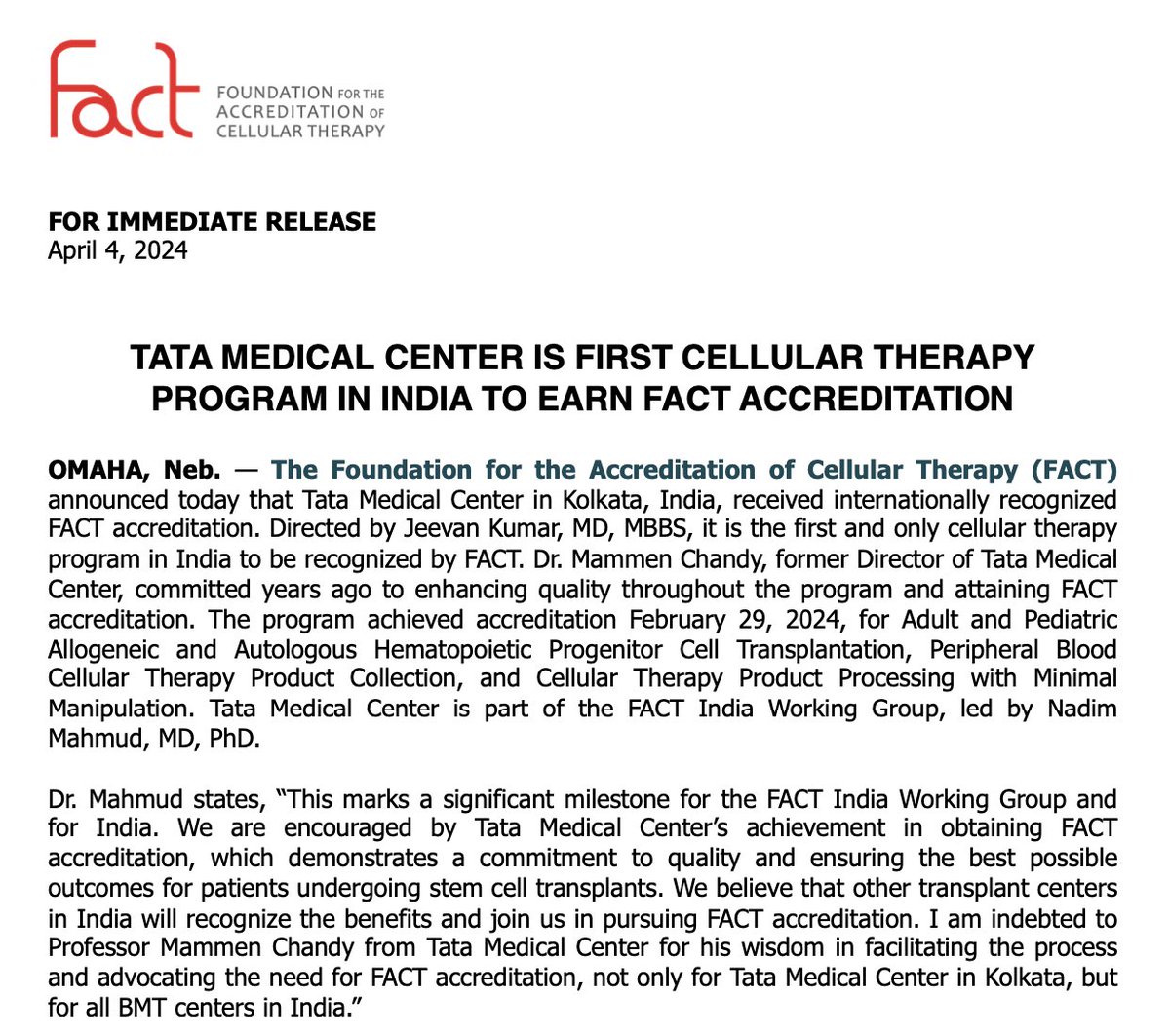 Another feather in the cap for the Tata Medical Center, HSCT and cell therapy community in India @FACTcelltherapy @TataMemorial @Satyayadav__ @nihardesai7 @nr_pedhemonc @RahulDoc2 @DrGKharya @DrManasKalra1 @BldCancerDoc @Nadim_M_Chicago @purwarrahul2 @DrGauravNarula