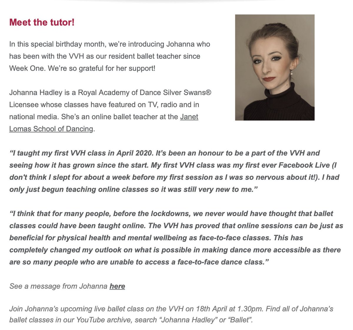 Thank you <a href="/VirtualVillHall/">Virtual Village Hall by Royal Voluntary Service</a> for the feature in this month's April VVH Newsletter!

It was very special to be featured in your 4th birthday newsletter❤️

If you'd like to watch the full video about my time in the Virtual Village Hall, please visit: youtube.com/watch?v=yLQ18-…