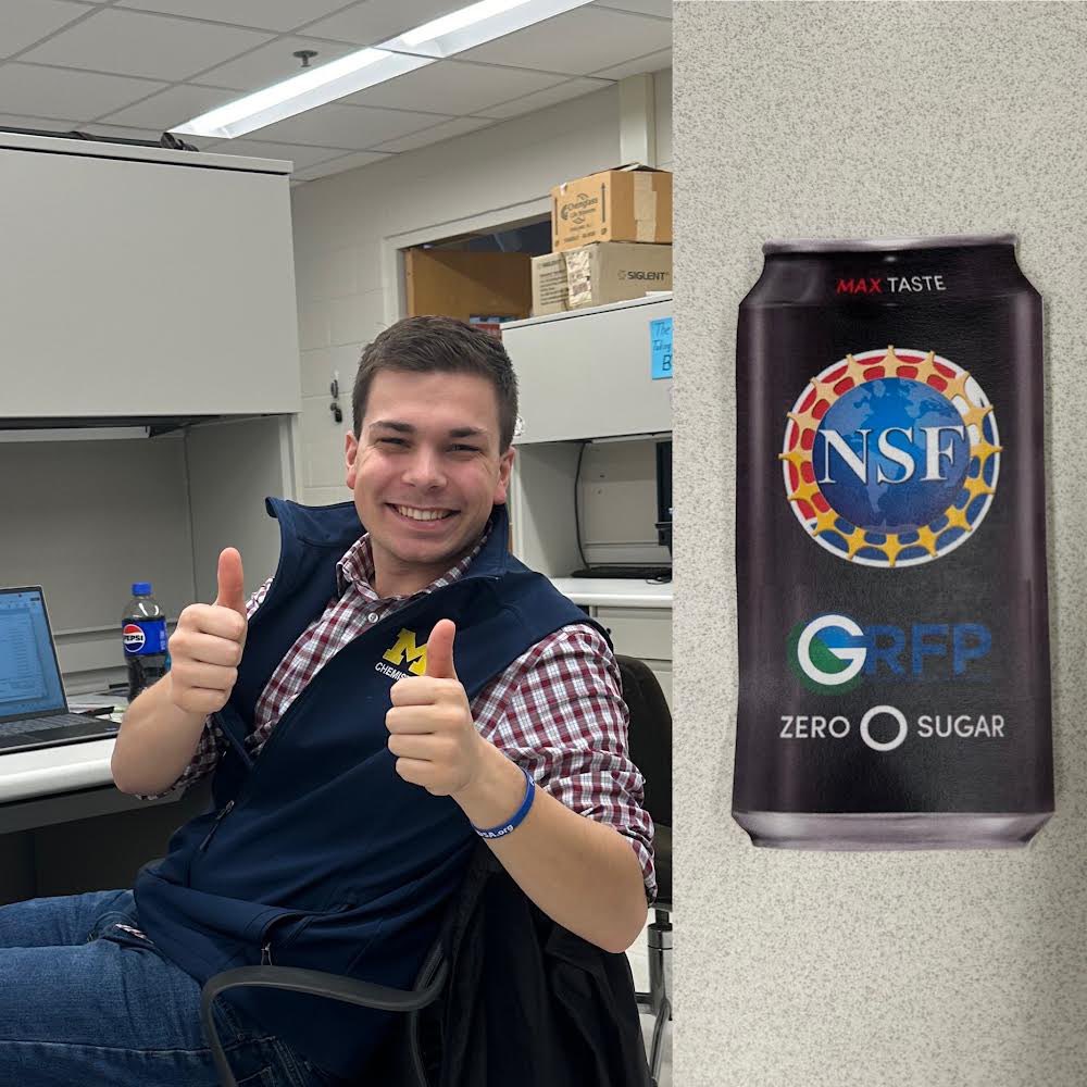 Congratulations to 1st year @MaxUnger_ for winning the @NSF #GRFP! Fun fact: He was awarded the GRFP in the form of a Pepsi Zero 🏆