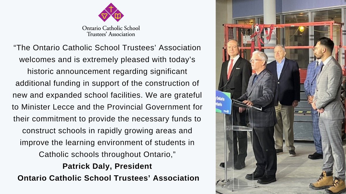 President Patrick Daly, and @HCDSB Chair Marvin Duarte, joined the Minister of Education @Sflecce and Finance Minister Peter Bethlenfalvy for the announcement of $1.3 billion in capital funding for schools across Ontario. news.ontario.ca/en/release/100… #onted
