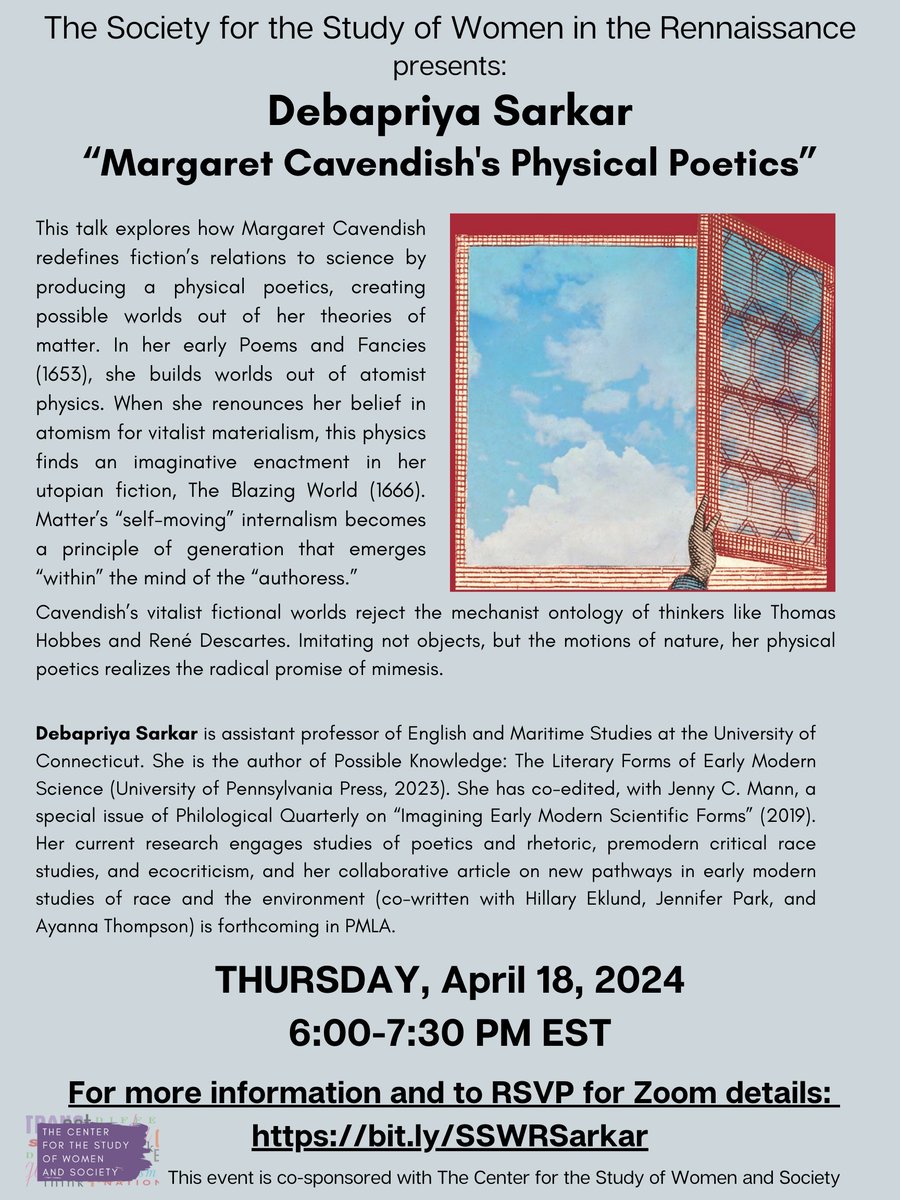 Up next: please join the Center for the Study of Women in the Renaissance on 04/18 for a talk exploring the work of Margaret Cavendish with @debapriya__s. RSVP here: bit.ly/SSWRSarkar