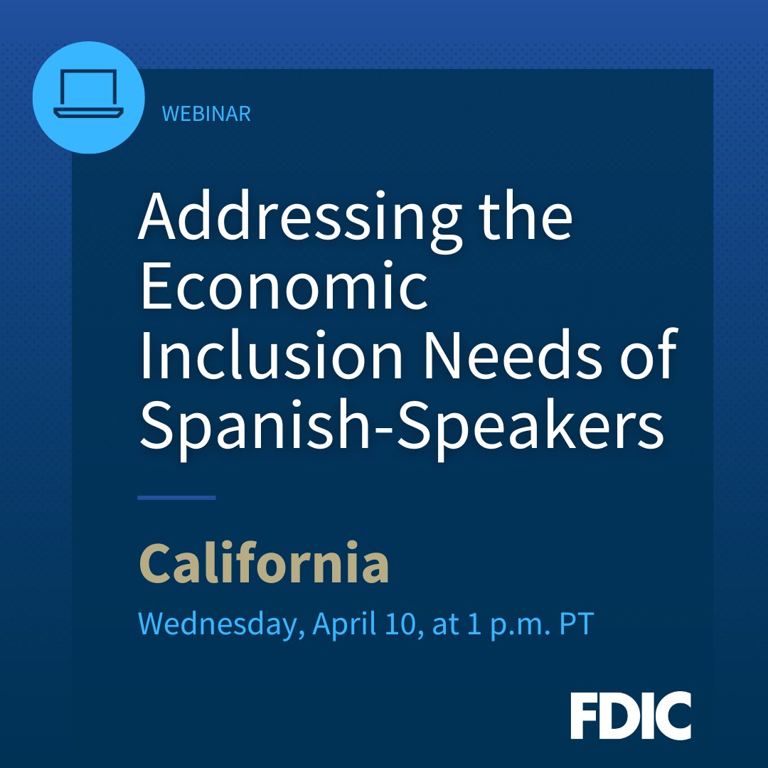 Calling all #California bankers! We're hosting a webinar to introduce an initiative to address the economic inclusion needs of Spanish-speakers in Riverside and San Bernardino. Hear from local stakeholders that can help promote result-oriented events. fdic.gov/resources/cons…