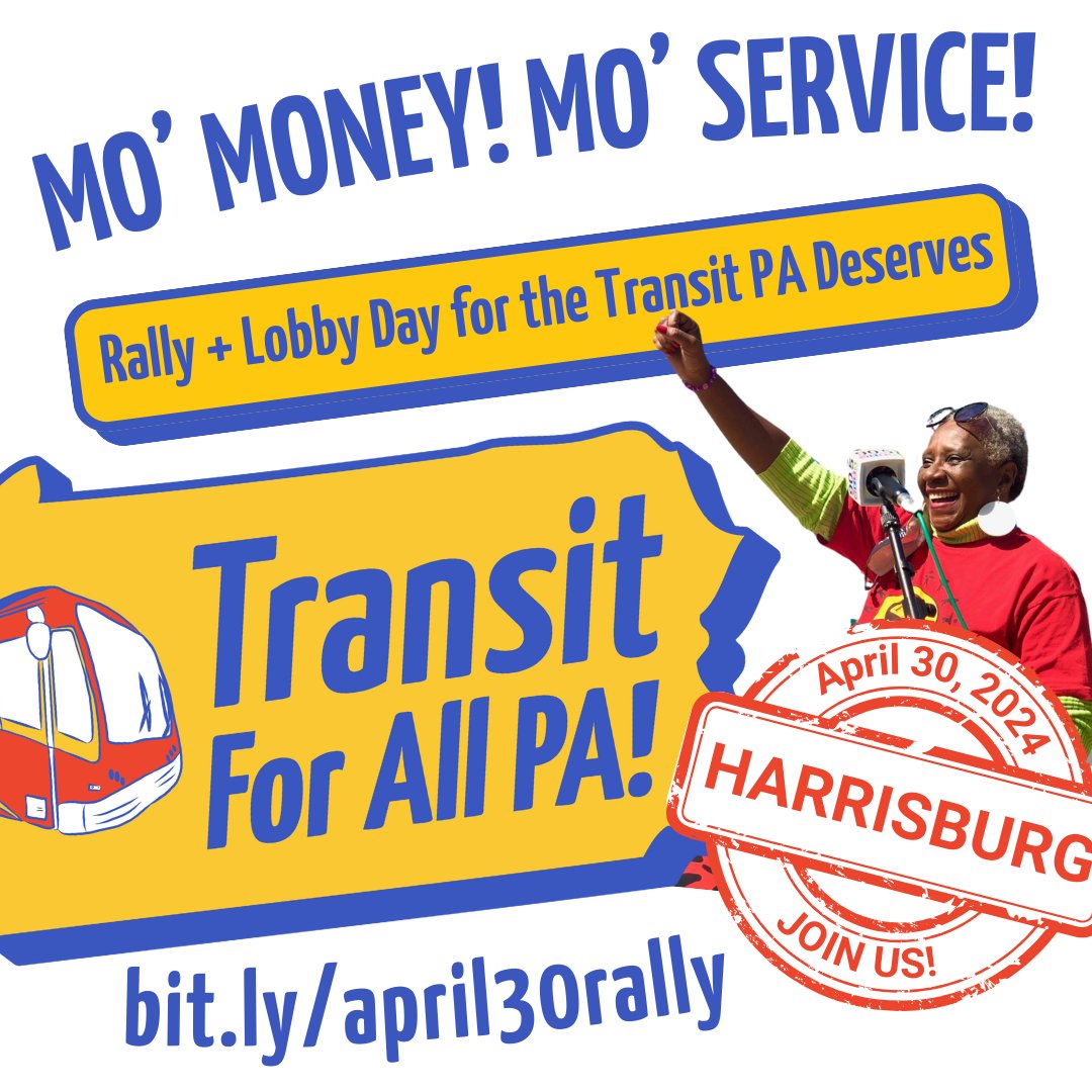 Whether you live in rural communities, small towns or big cities, all Pennsylvanians deserve reliable access to the places we need! Join the Mo' Money Mo' Transit rally on 4/30 to push for increased transit service funding in ALL 67 PA COUNTIES!! RSVP: transitforallpa.org/april30rally/