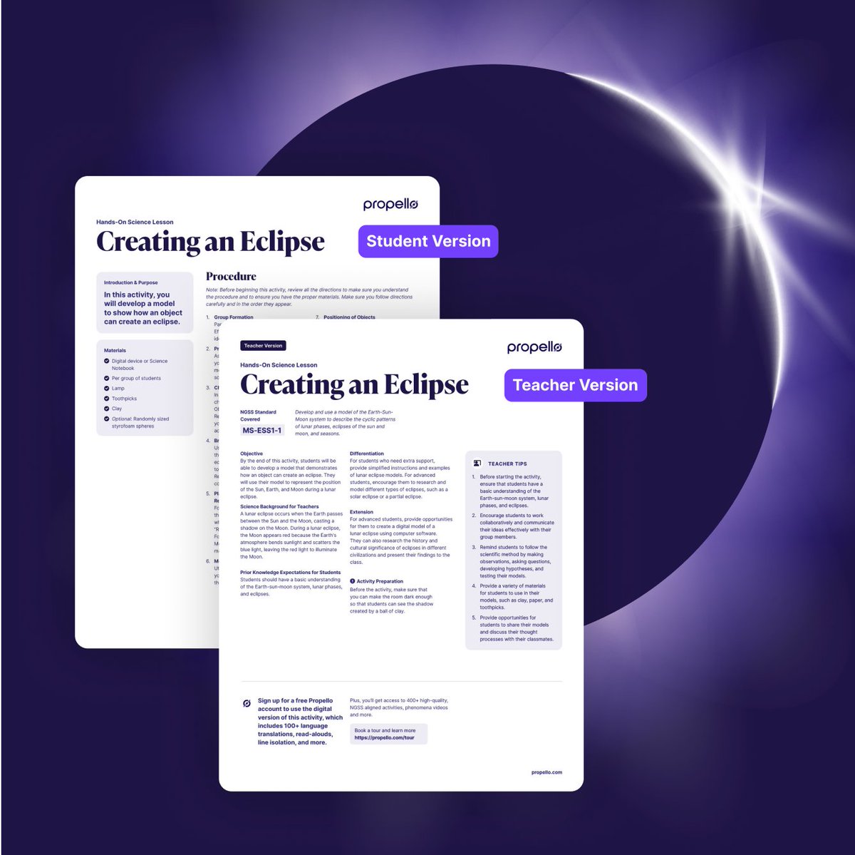 We've been busy working on a huge project to make the upcoming eclipse special for educators. We shipped 600 Total Solar Eclipse Kits to schools within the path of totality including ISO certified glasses and two standards-aligned lessons. 

Read more 👉 prpllo.co/3TJsqiz