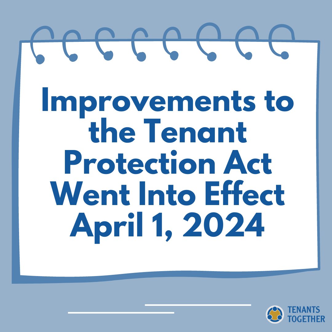 TenantsTogether's tweet photo. Some good news for your social media feed. Improvements to the #TenantProtectionAct went into effect on April 1 and provides more protections to renters. This will keep people in their homes, reduce homelessness and make housing more affordable. Factsheet: https://t.co/J0Pt08caGh https://t.co/3pAZT5058F