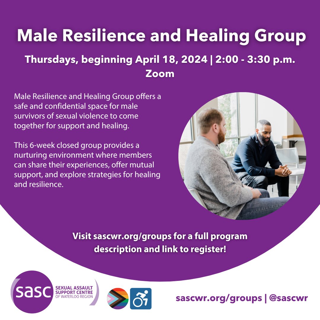 📣 Our Male Resilience and Healing Group has a new date! Starting April 18th, join us every Thursday from 2-3:30 pm on Zoom for a 6-week journey of support and healing for male survivors of sexual violence. Register at sascwr.org/groups. #SupportGroup #MaleSurvivors