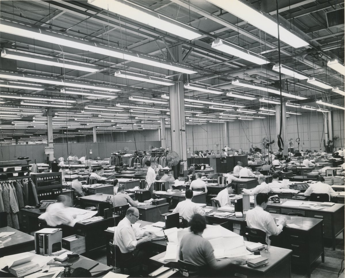 This photograph of the vast drafting room at Chrysler Mission Control near Detroit was taken in 1958, when the car company was under contract by the U.S. Government to develop and build the Redstone rocket. To find out more info write to Barbara Hall at barbara@adg.org.