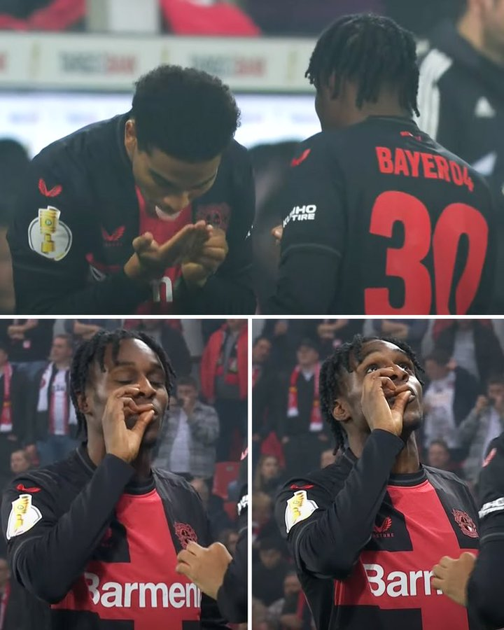 TorresErwerle's tweet photo. Alemania esta semana legalizó la marihuana.

Jeremie Frimpong y Amine Adli, jugadores del Bayer Leverkusen, festejaron así un gol. https://t.co/G0uCI58OuG