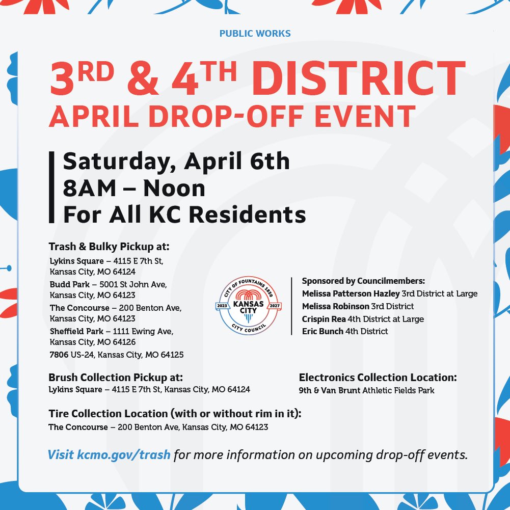 Don’t Forget! April's drop-off event is Saturday, April 6th. Bring your bulky items, trash, leaf/brush, tires, and electronics for disposal. Details at kcmo.gov/trash.