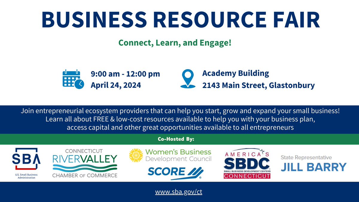 Join us on April 24th in Glastonbury for a Business Resource Fair and learn about the great #resources available to #SmallBiz Owners and #entrepreneurs. More info: eventbrite.com/e/small-busine…