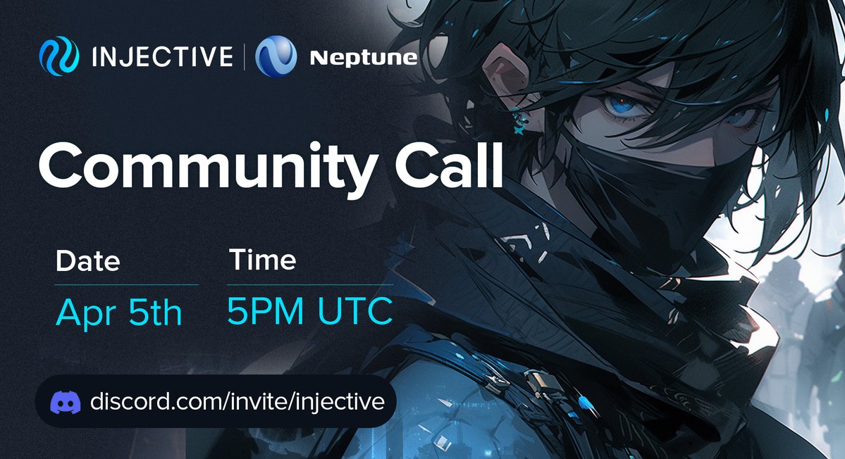 Tune in to Injective's community call with @neptune_finance! Learn all about Neptune, the lending and borrowing protocol built on Injective ⚡️ 🗓️ April 5th at 5PM UTC discord.gg/wU7m3WCBZ8?eve…