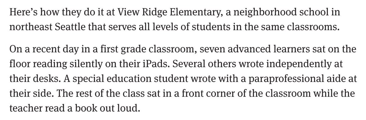 No more gifted program in Seattle. So in a typical elementary school, your gifted kid will be reading alone on an iPad. While the teacher is teaching the rest of the class. seattletimes.com/education-lab/…