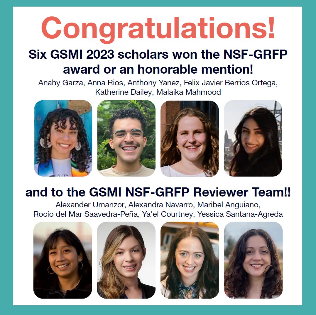 CONGRATULATIONS to the #GSMI 2023 scholars and the GSMI NSF-GRFP Reviewer Team who won SIX #NSFGRFP award or received an honorable mentions!! 🤩🎉 To everyone who submitted - completing the application is a huge feat! We can't wait to see what else you will accomplish! 🌟