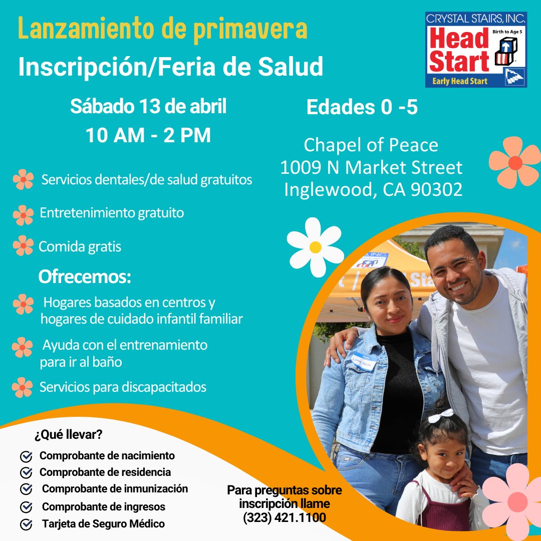 ¡Crystal Stairs organizará una feria de inscripción/salud para niños de 0 a 5 años!
Sábado 13 de abril de 10 a. m. a 2 p. m. en la Capilla de la Paz en Inglewood
¡Ofreceremos cuidado de niños, comida gratis y más!
¡Regístrese hoy!
forms.gle/w4ahMQ34Tw7TkB…