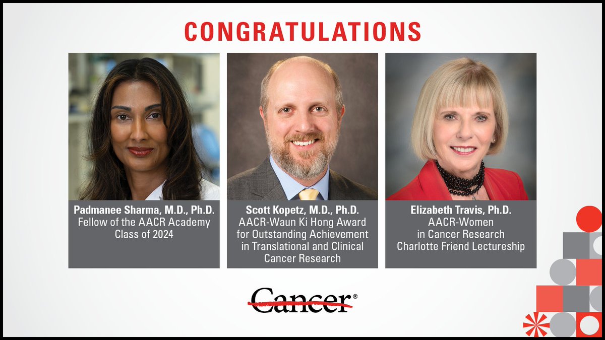 Congratulations to @MDAndersonNews' @PamSharmaMDPhD, @SKopetz and @ELTravisPhD for being honored by @AACR for their remarkable accomplishments. We are so proud of your leadership and your impactful contributions to oncology. #EndCancer #AACR24