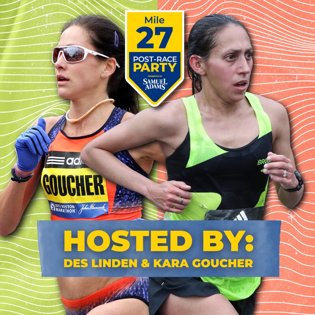 Join hosts @Des_Linden and @KaraGoucher at the Mile 27 Post-Race Party presented by @SamuelAdamsBeer!🎤🍻🎉 #Boston128 is less than 2️⃣ WEEKS AWAY & we can’t wait to welcome you to Boston! This year, the Post-Race Party will be held at City Hall Plaza in Boston after the race!