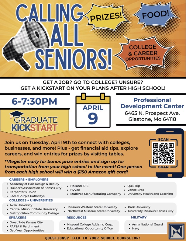 Seniors, come to the Kickstart to kickoff life after high school!!