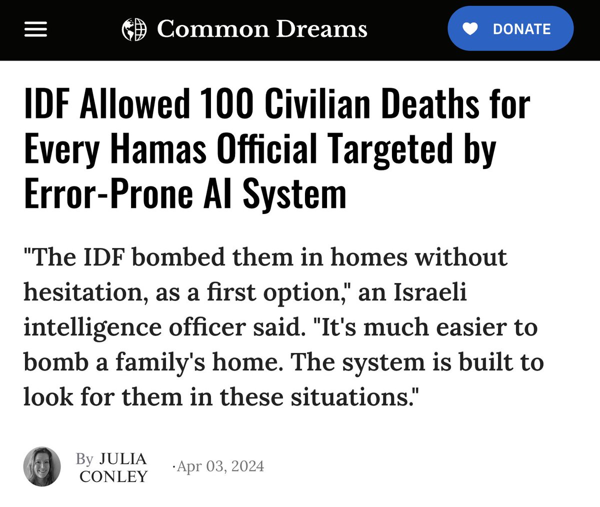 Israel is using state-of-the-art AI systems to bomb defenseless families to death in their homes 'without hesitation,' as a 'first resort,' while U.S. officials contort brazen fictions to mask their crimes. We must cut off all weapons transfers to this regime.