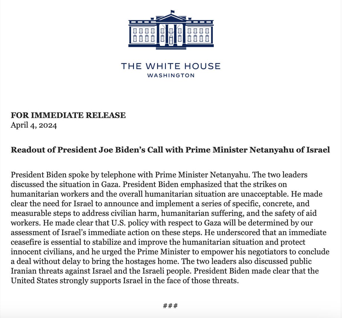 'U.S. policy with respect to Gaza will be determined by our assessment of Israel’s immediate action on these steps.'