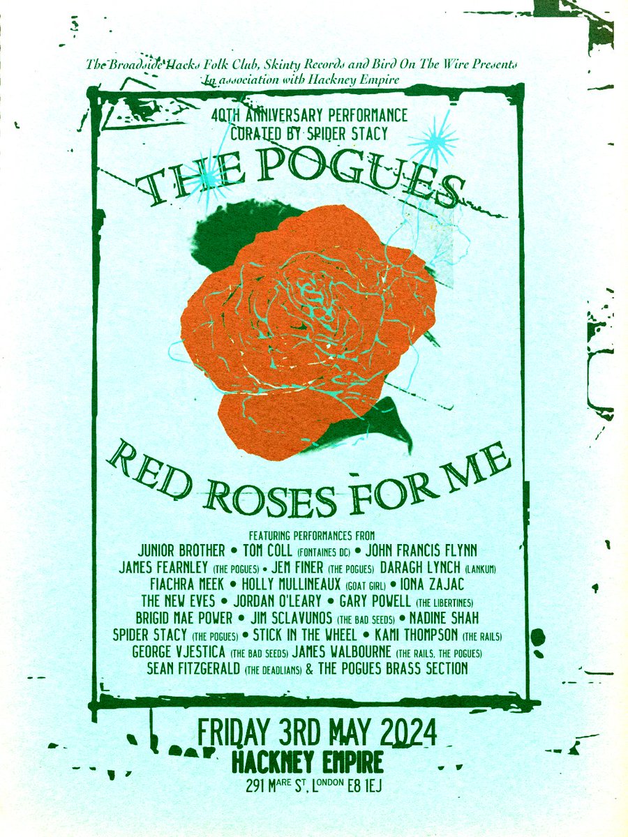Honoured to be taking part in the 40th anniversary of 'Red Roses For Me', the first studio album by The <a href="/poguesofficial/">The Pogues</a>. 
Now being held at the Hackney Empire due to demand.
Tickets on sale tomorrow at 10am.. birdonthewire.net/events/feile-m…
xox