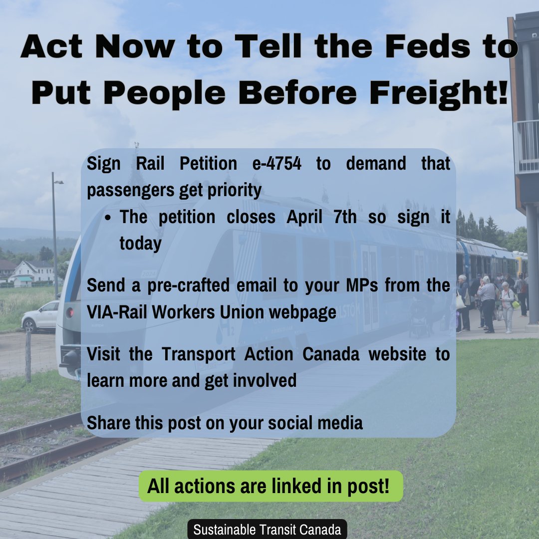 3 days left to sign the petition fighting privatization of Canada's passenger rail! In addition, the petition calls for putting passengers before freight. See photos for details, and the link tree for the petition: linktr.ee/canadarailpeti…