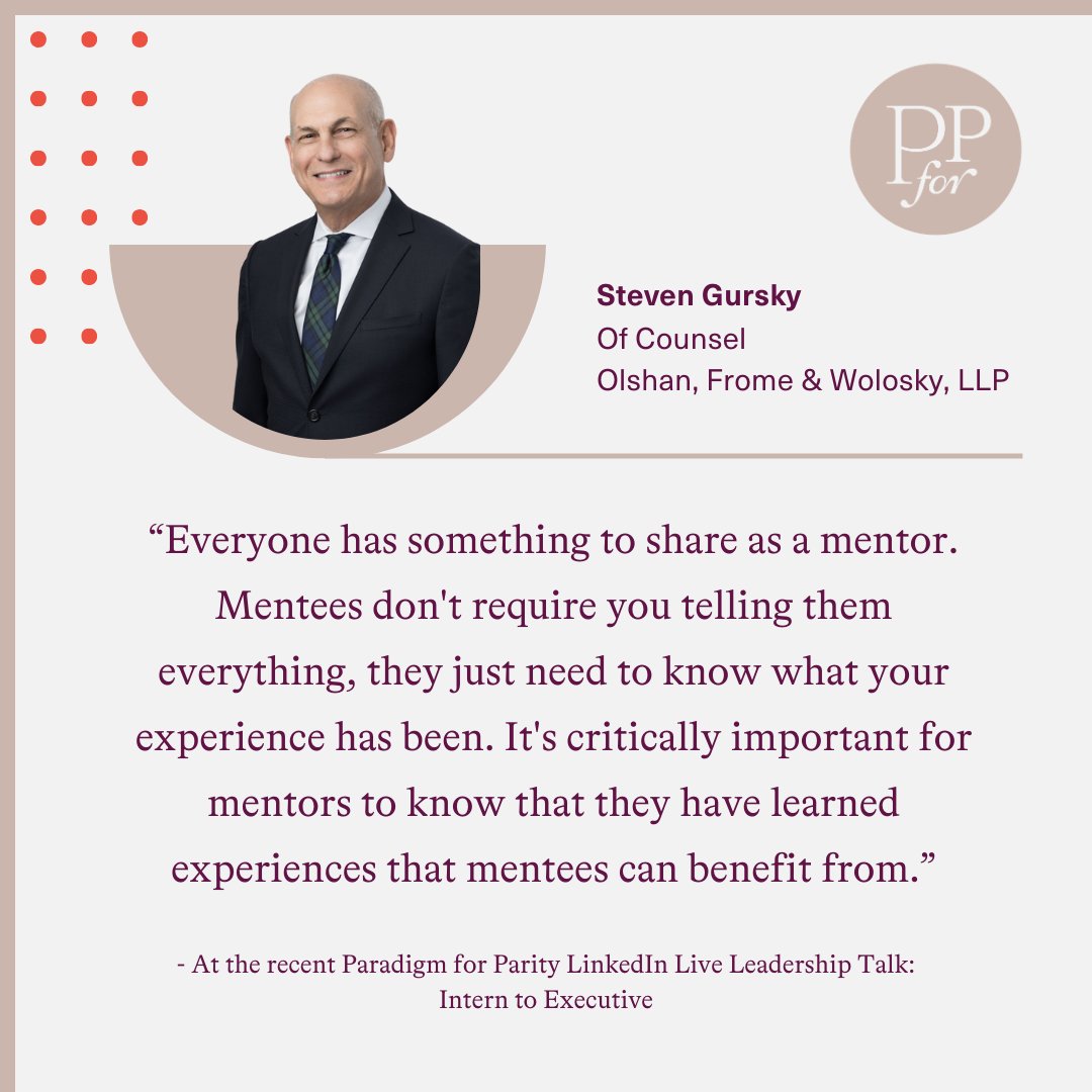 “It's critically important for mentors to know that they have learned experiences that mentees can benefit from.” - Steven Gursky Catch the whole conversation at the link below! ow.ly/ArMy50QBl4j #mentorship #sponsorship #womeninbusiness #pathtoparity #closethegendergap