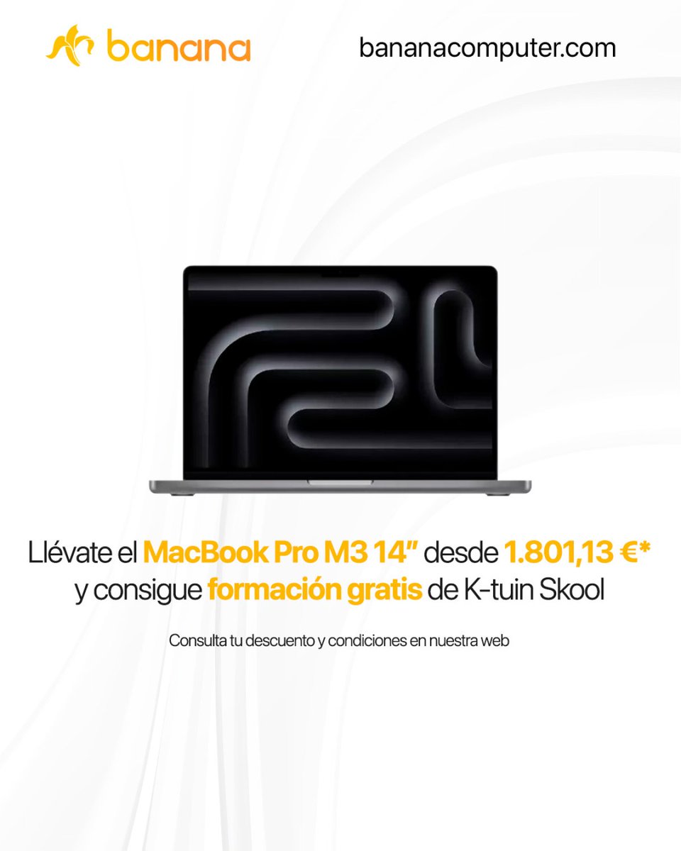 BananaComputer's tweet photo. ¡Ha llegado la oportunidad perfecta para renovar tu ordenador!
La semana Mac ha llegado 🖥🍌

Llévate un MacBook Pro M3 14" desde 1.801,13€* y consigue formación online gratuita de K-tuin Skool 🎁👀
·
#Apple #Mac https://t.co/F4RFbQ0DXP
