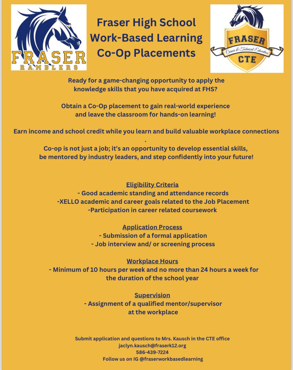 FHS Juniors, Join our Co-op Program for the 2024-2025 school year!⭐️   🔍 Explore passions 🌱 Career Exploration 🤝 Networking 💪 Personal Growth   Co-op during 4/9 and SMART sessions. Earn credit and gain experience !   Schedule a meeting with Mrs. Kausch ASAP to learn more !