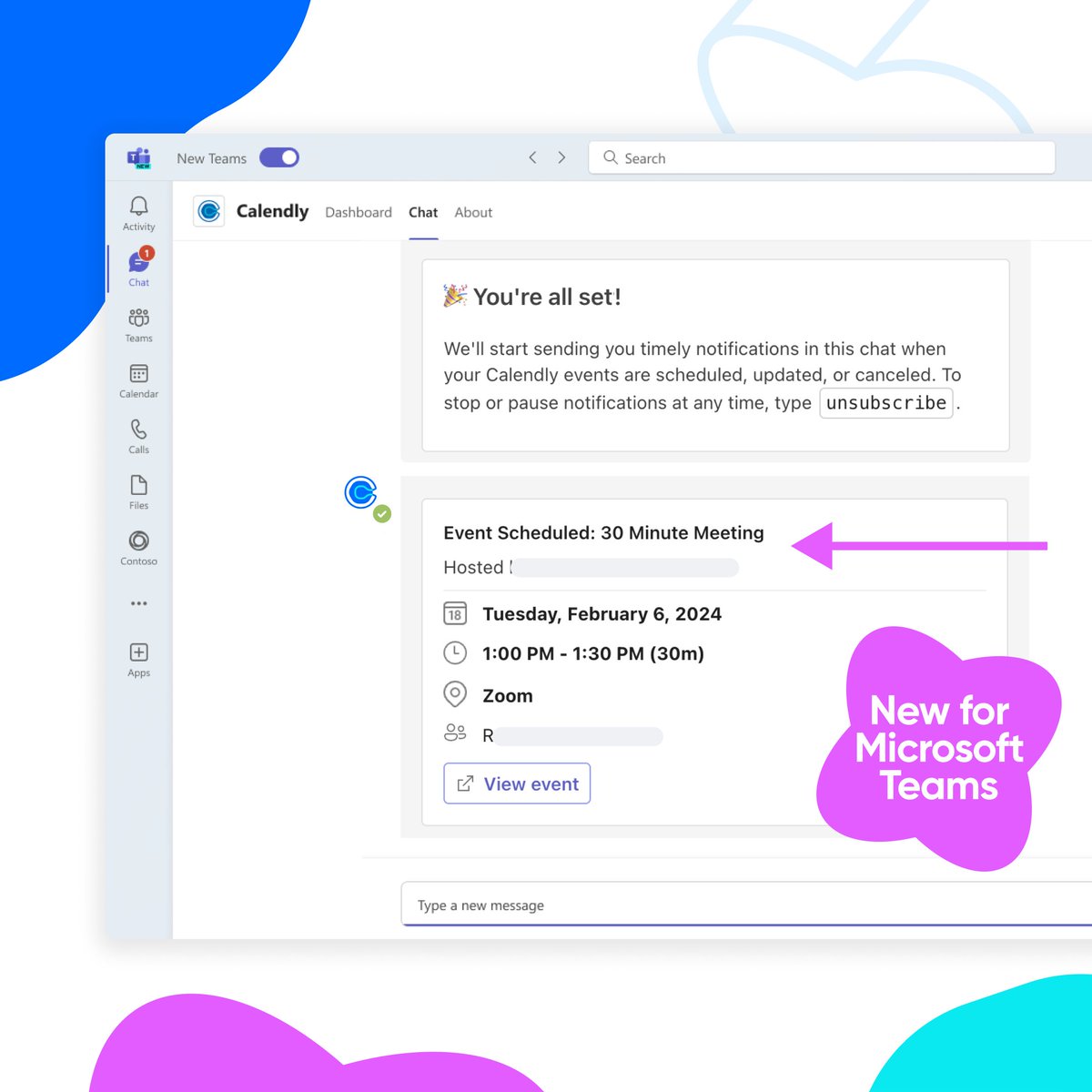 NEW for @MicrosoftTeams 🎉 Our new app now automatically sends real-time notifications to your Teams chat when a Calendly meeting is... 📅 Scheduled 📅 Rescheduled 📅 Or canceled So you can stay updated — without *ever* leaving Teams!