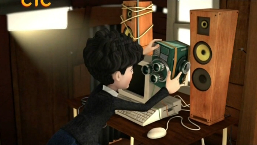 discovering a french cartoon where a computer generated version of charlie chaplin's the tramp has lots of fun like working at the verizon store, playing lazertag, skateboarding, and building a computer to go on zoom