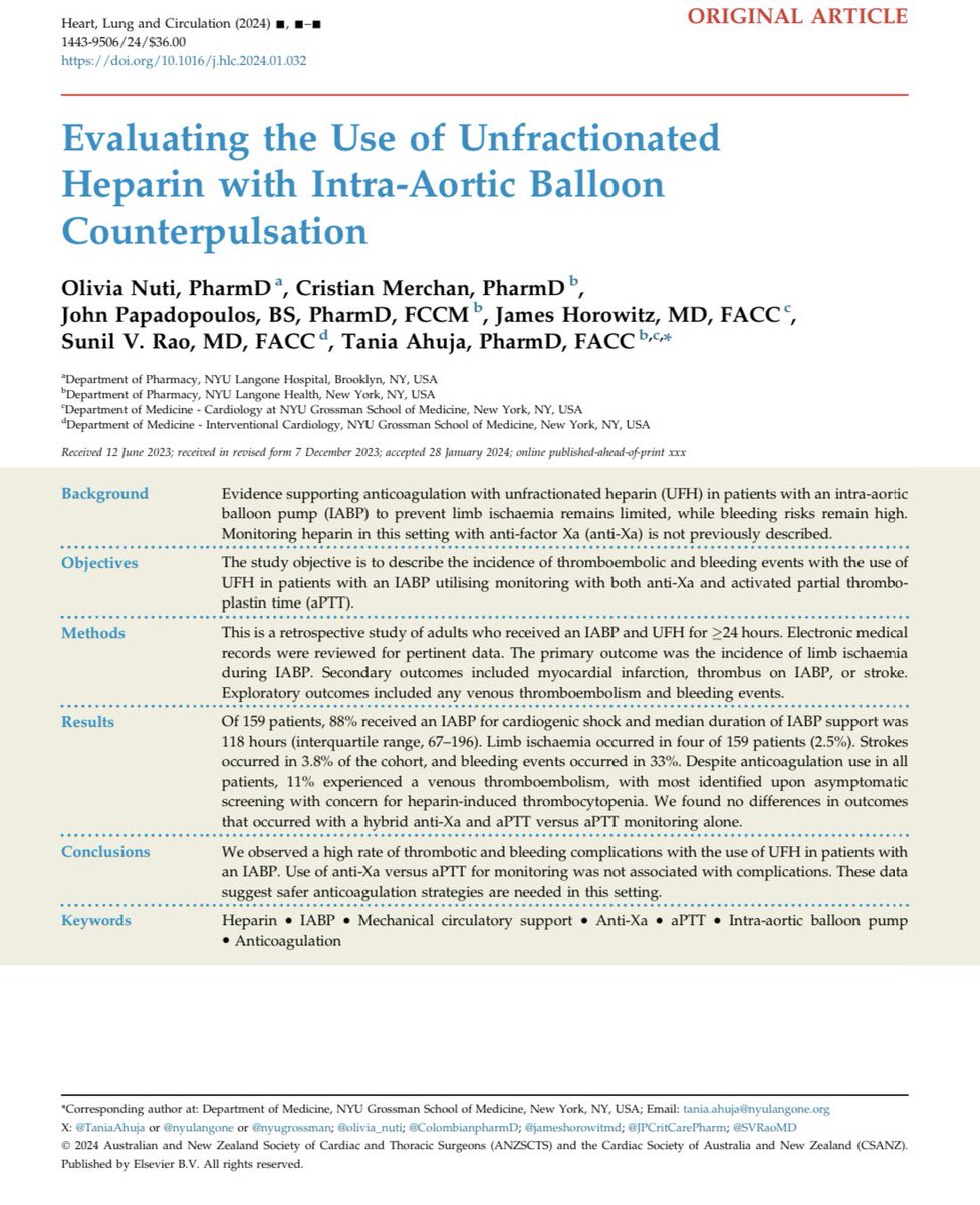 ✅ out our 🆕 article in press! 🫀🎈 🎈heparin is associated with 🩸& thrombocytopenia, though true HIT incidence in our cohort was 0️⃣ 🎈do we need less intense anticoagulant targets or strategies w/IABP? 🎈VTE incidence may be unrelated read here!⤵️ sciencedirect.com/science/articl…