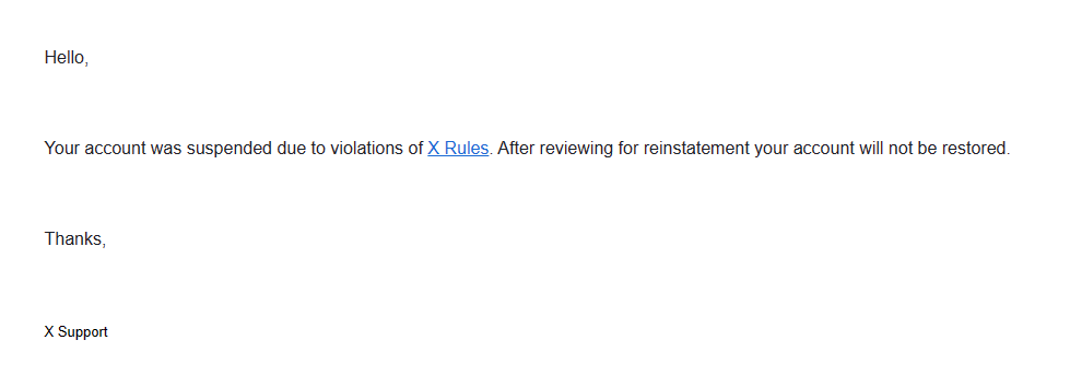 Hey @elonmusk and @alx the X account of @elenochle just appealed and is on an auto response list and received this reply instantly. 

Would like some help to get this account back.
Am verified on other platforms.