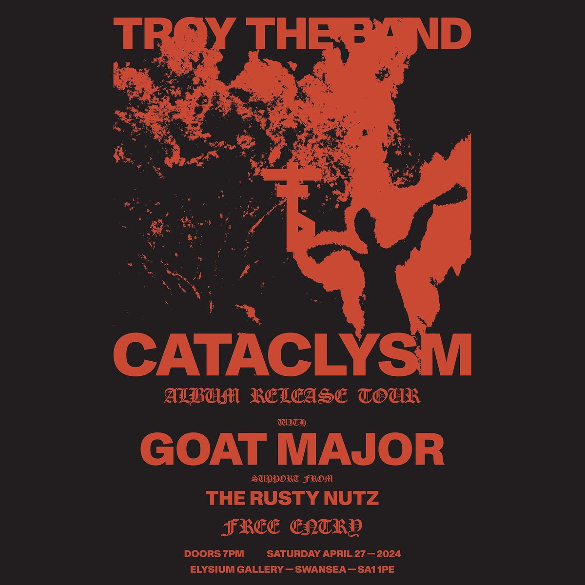 Looking forward to opening for Troy The Band and @GoatMajorBand on Saturday 27th April at @elysiumgallery 

Free entry and doors at 7pm! 

#goatmajor #troytheband #therustynutz #elysiumswansea #doom #stoner #postrock #spokenword #noise #livegig #swanseamusicscene