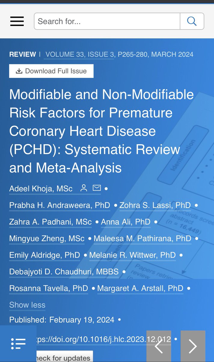 Happy to share my last published systematic review on risk factors for premature coronary heart disease. This included more than 200 papers doi.org/10.1016/j.hlc.… 
<a href="/ZohraLassi/">Zohra Lassi PhD - زہرہ</a> <a href="/RosannaTavella/">Rosanna Tavella</a> <a href="/PrabhaAndraweer/">Prabha Andraweera</a> <a href="/maleesap1/">Maleesa Pathirana 👑</a> <a href="/melanieWittwer/">melanie Wittwer</a> <a href="/GradSchoolUofA/">Adelaide Graduate Research School</a>