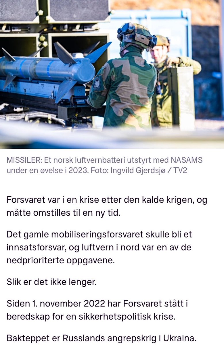 Norskluftvern's tweet photo. Luftrommet over Østlandet har ikke vært sikret siden 1991 – vil bruke milliarder - skriver TV2.

– Forsvaret mangler tilstrekkelig luftvern til å beskytte militære mål og sivile samfunnsfunksjoner samtidig, sier forsvarssjefen. #luftvern https://t.co/C3eBGp8mkb