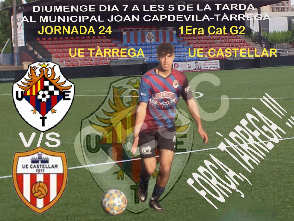 CiscoTalladell's tweet photo. Aquest diumenge retorna el futbol al Municipal Joan Capdevila després del parèntesi de Setmana Santa. A les 5 de la tarda s'enfrontaran la @UETarrega i la UE Castellar en el partit corresponent a la jornada 24 de Primera Catalana. SOM-HI, NOIS!!! https://t.co/agKFmtNzZq