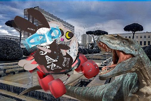 A sound like thunder split the air. A tyrannosaurus rose from the water, spraying water on their faces. It roared like a bull of Bashan. 'Go away, you don't belong here.' The Wabbit popped the rear of his skateboard. 'Just visiting.' IN Follow the Wabbit followthewabbit.com