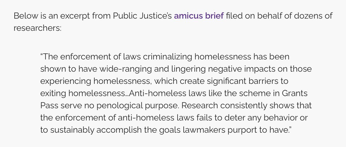I joined 57 social scientists in filing an amicus brief urging #SCOTUS to protect the lives and rights of people experiencing homelessness. Criminalizing homelessness is cruel AND it's bad policy #JohnsonVGrantsPass #housingnothandcuffs. publicjustice.net/grantspass-v-j…